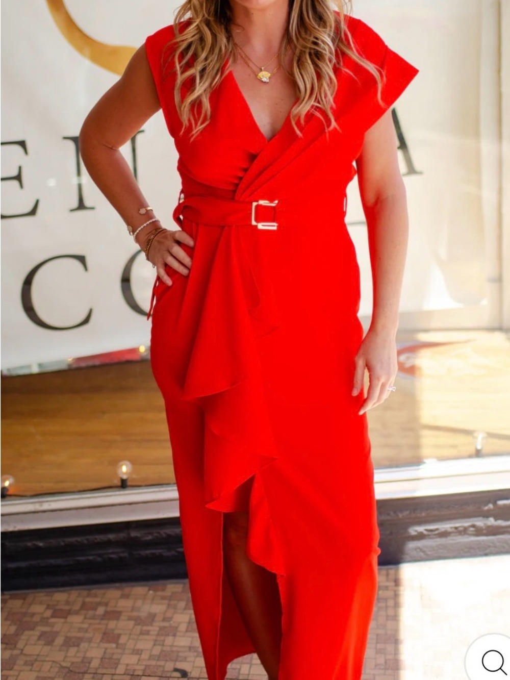 Sleeveless Red Belted Ruffle Maxi Dress